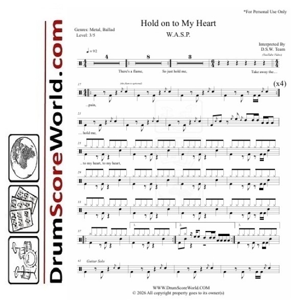 W.A.S.P. - Hold On to My Heart | Drum Sheet 